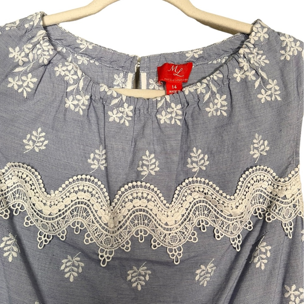 Monique Lhuillier Blue Sleeveless Embroidered Lace Poplin Midi Dress Size 14 - Picture 12 of 16